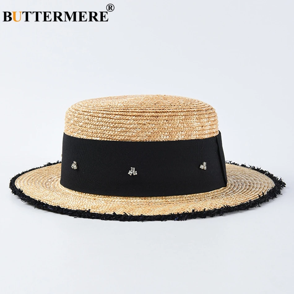 BUTTERMERE Summer Straw Hat Women Rhinestone Beach Sun Caps Ladies Beige Fashion Decorate Brand Female UV Protection Sun Hat