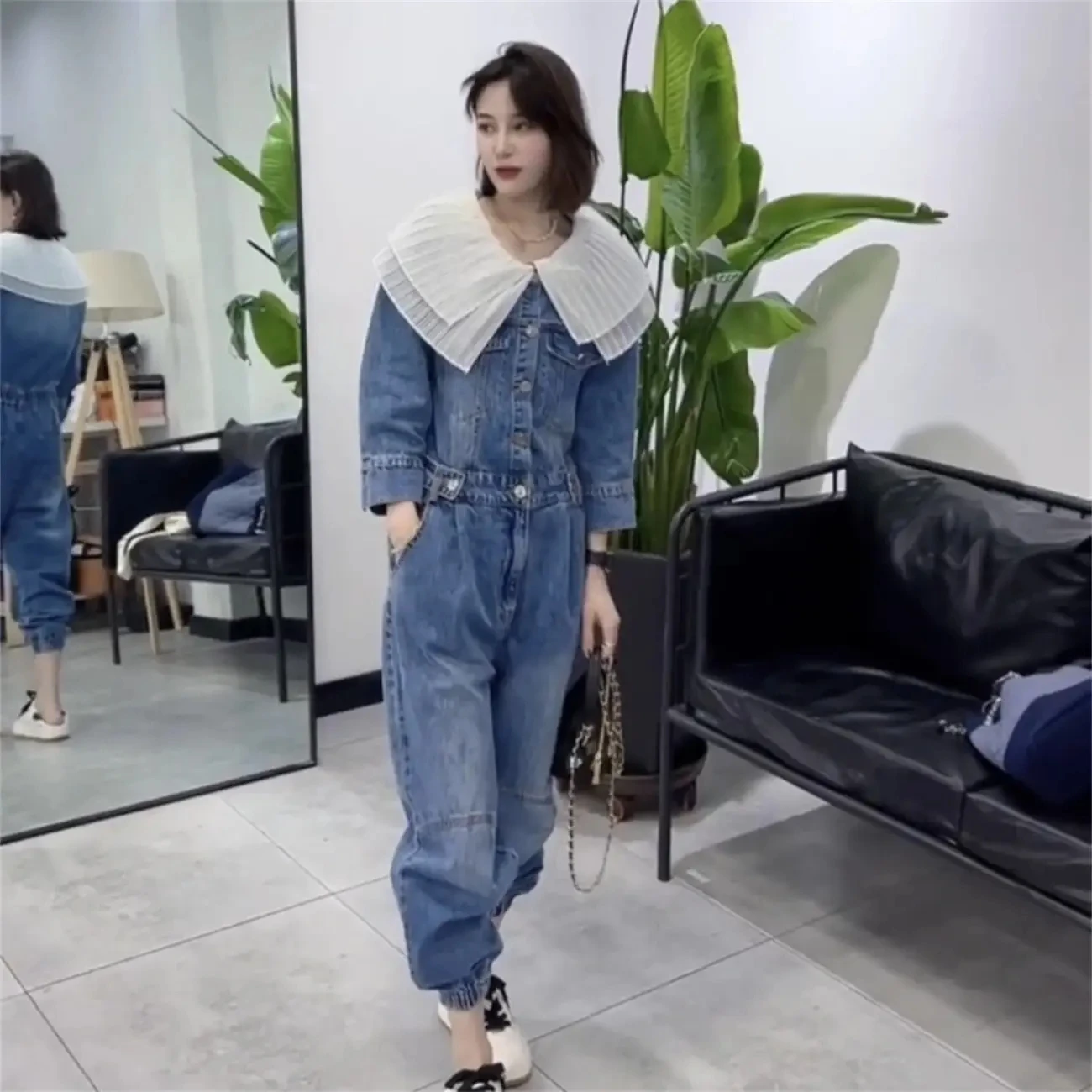 

New Spring Fashion Blue High Waist Denim Jumpsuit Autumn Womens Single-Breasted Long Sleeve Straight Loose Cowboy Rompers Female