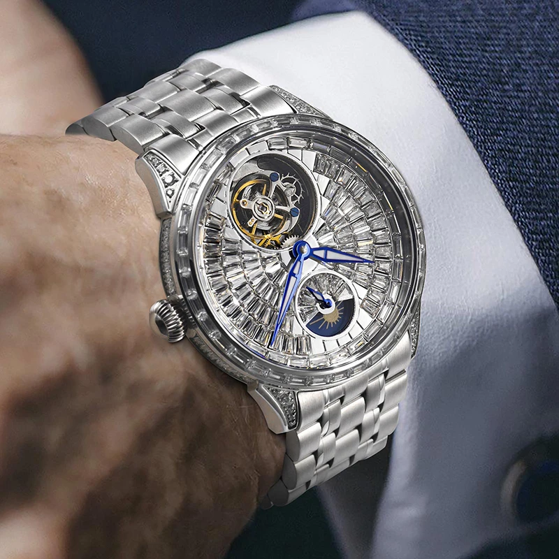 Orologio da uomo Quadrante con diamanti Cintura in acciaio inossidabile Orologio meccanico da uomo Movimento Tourbillon Orologio da uomo alla moda impermeabile 30 metri