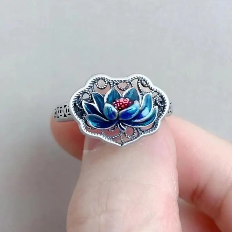 Retro Ethnic Style Creative Lotus Flower Rings for Men Women Adjustable Ring Cloisonné Enamel Process of Chinese Style Jewelry