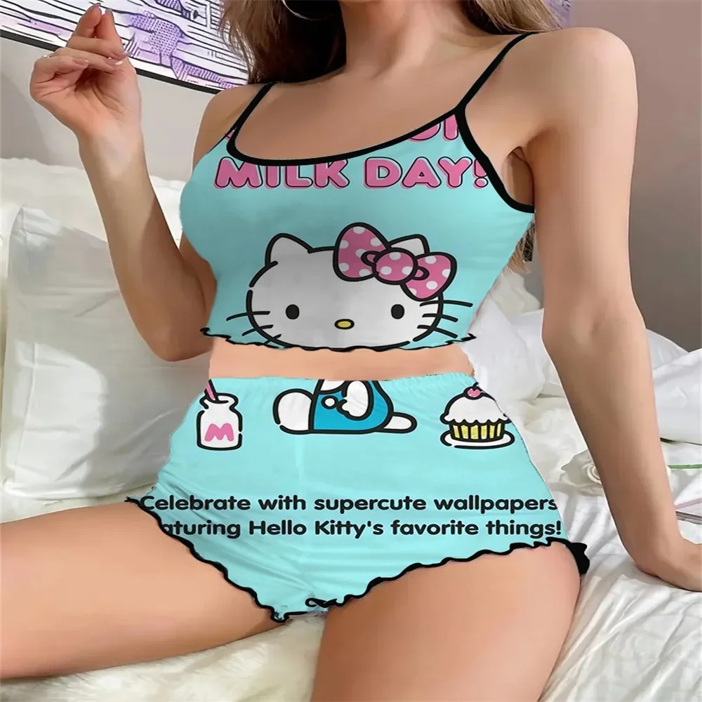 2024 Two Pieces Set of Hello Kitty Summer Pajama for Women New Pattern Women Nightwear Sexy Charming Female Suspender Sleepwear