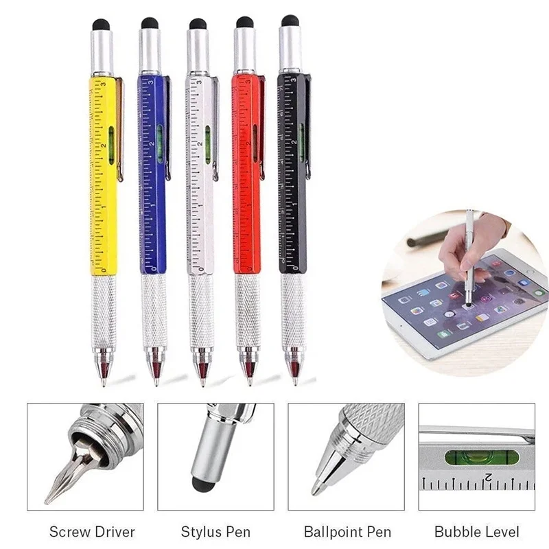 7 In 1 Multifunctional Ballpoint Pen Touch Screen Stylus Capacitive Pen Screwdriver Ruler Levelgauge Refillable Ballpoint Pencil
