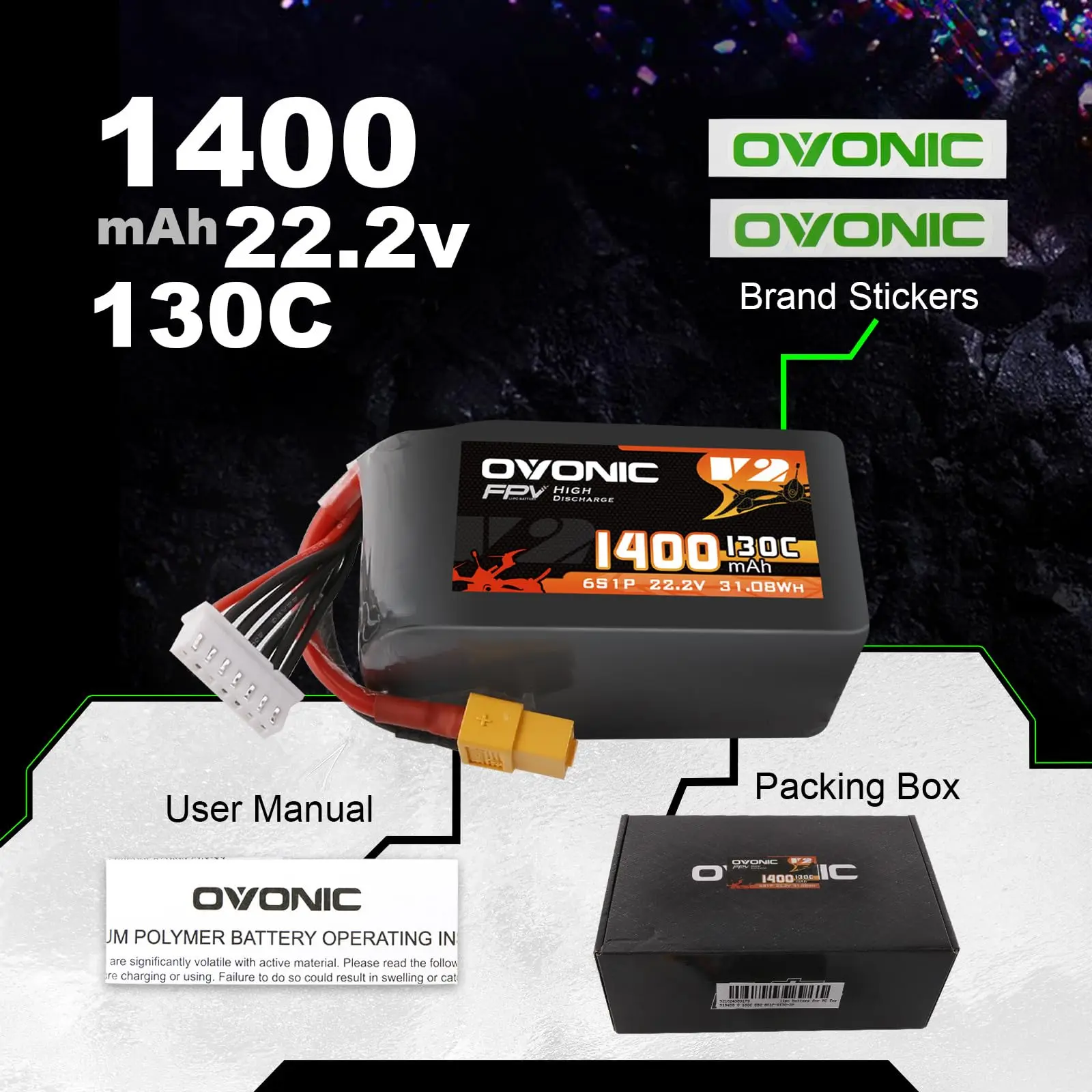 بطارية ليبو OVONIC 6s 1400 مللي أمبير في الساعة 22.2 فولت 130C مع موصل XT60 لطائرة هليكوبتر RC FPV طائرة كوادكوبتر هواية سباق