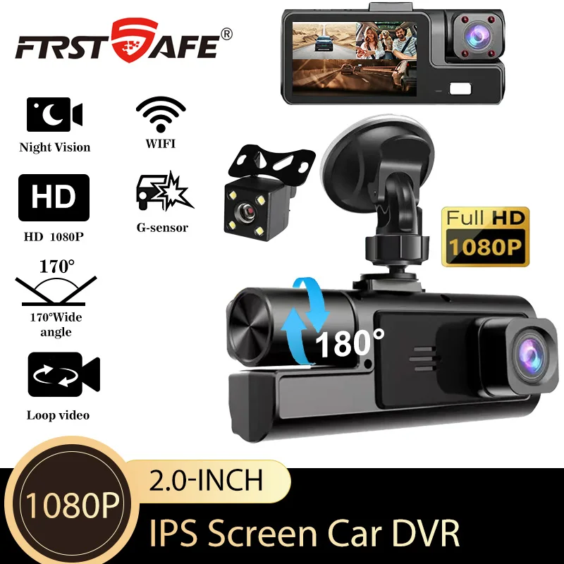 3CH Dash Cam: 1080P+720Px2 | Built-in DVR | 170° Wide Angle | Night Vision | 24/7 Parking Monitor | Wi-Fi