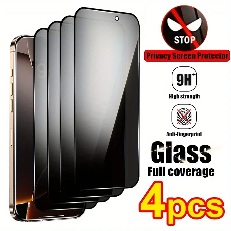 زجاج مقسى مضاد للتجسس لهاتف iPhone16 Pro Max 15/14/13/12/11 X 4 قطعة واقي شاشة من الزجاج المقسى للخصوصية مضاد لبصمات الأصابع