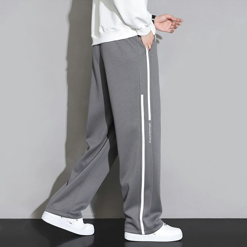 Summer Side Stripe Casual Loose Wide Leg Pants Men Solid Patchwork Embroidery Elastic Waist Drawstring Pockets Straight Trousers