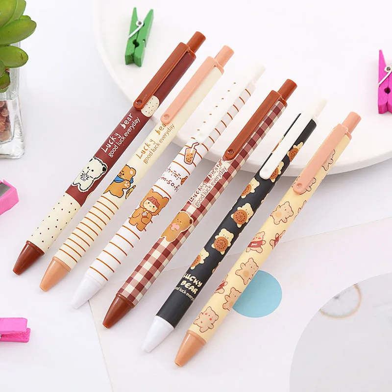 Kawaii 6 PCS PACK Gel Pen Cute Funny Cartoon Bear Style Black Quick-Drying Carbon Pen Office Aesthetic Stationery Supplies