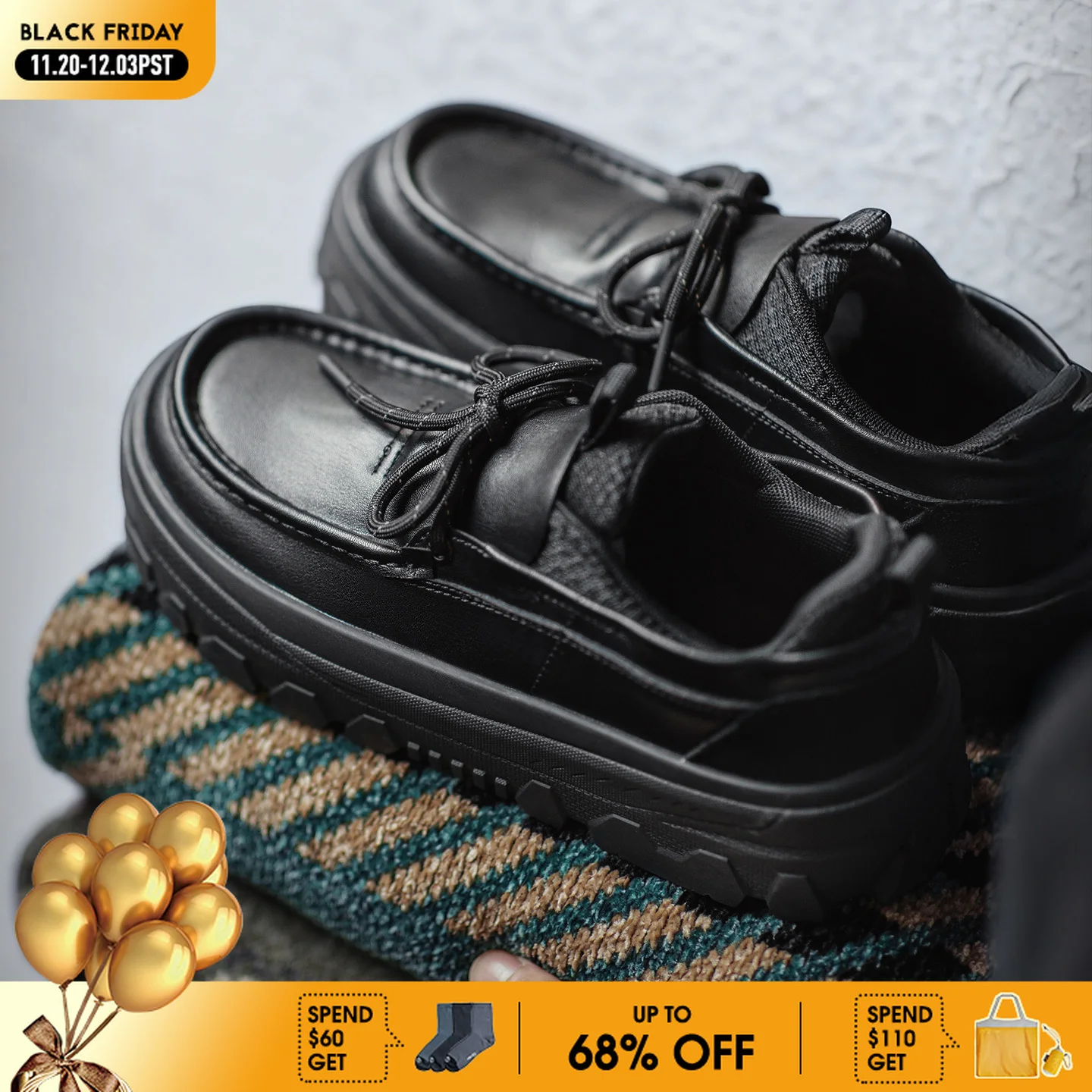 

Maden Men's Retro Black Height-increasing Derby Shoes Lace-Up Loafers Round Toe British Style Office Low-top Boots for Business