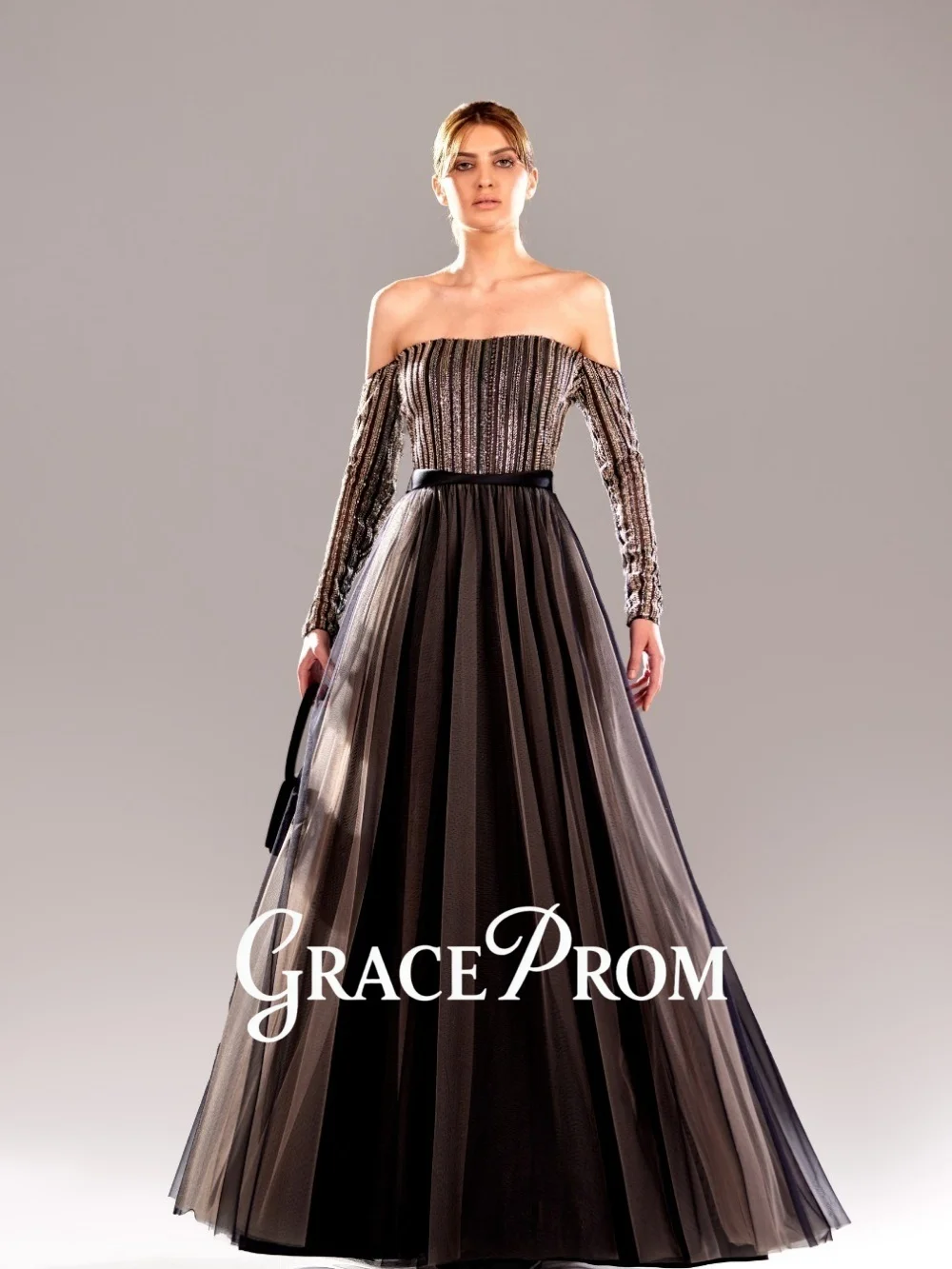 GraceProm Black Grey Gradient Off-Shoulder Prom Dress Elegant Sequin Long Sleeve Ball Gown Elegant Floor-Length Evening Dress
