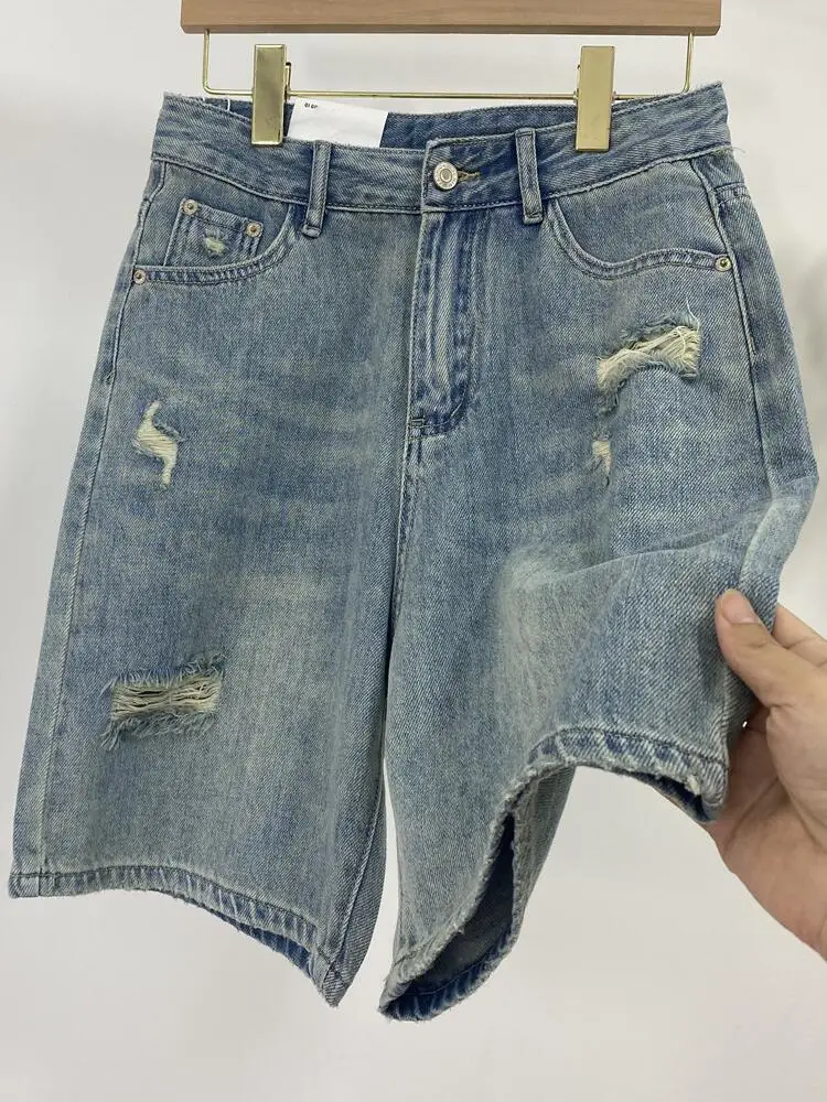 

Summer Women Retro Denim Shorts High Waist Hole Ripped Loose Straight Short Pants Versatile Casual Half Pants Female Streetwear