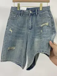 Summer Women Retro Denim Shorts High Waist Hole Ripped Loose Straight Short Pants Versatile Casual Half Pants Female Streetwear