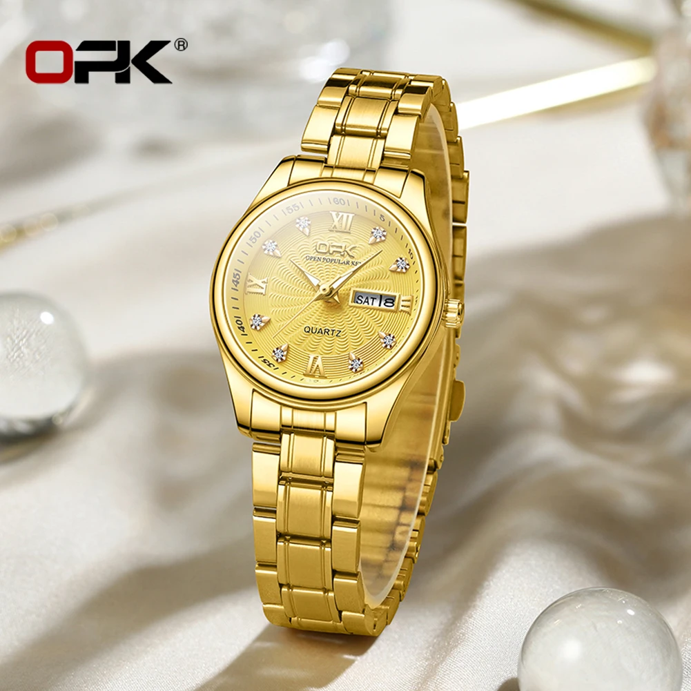 OPK 8103 Elegant Women's Watch Luxury Brand Stainless Steel Waterproof Watch Double Calendar Diamond Business Women Quartz Watch