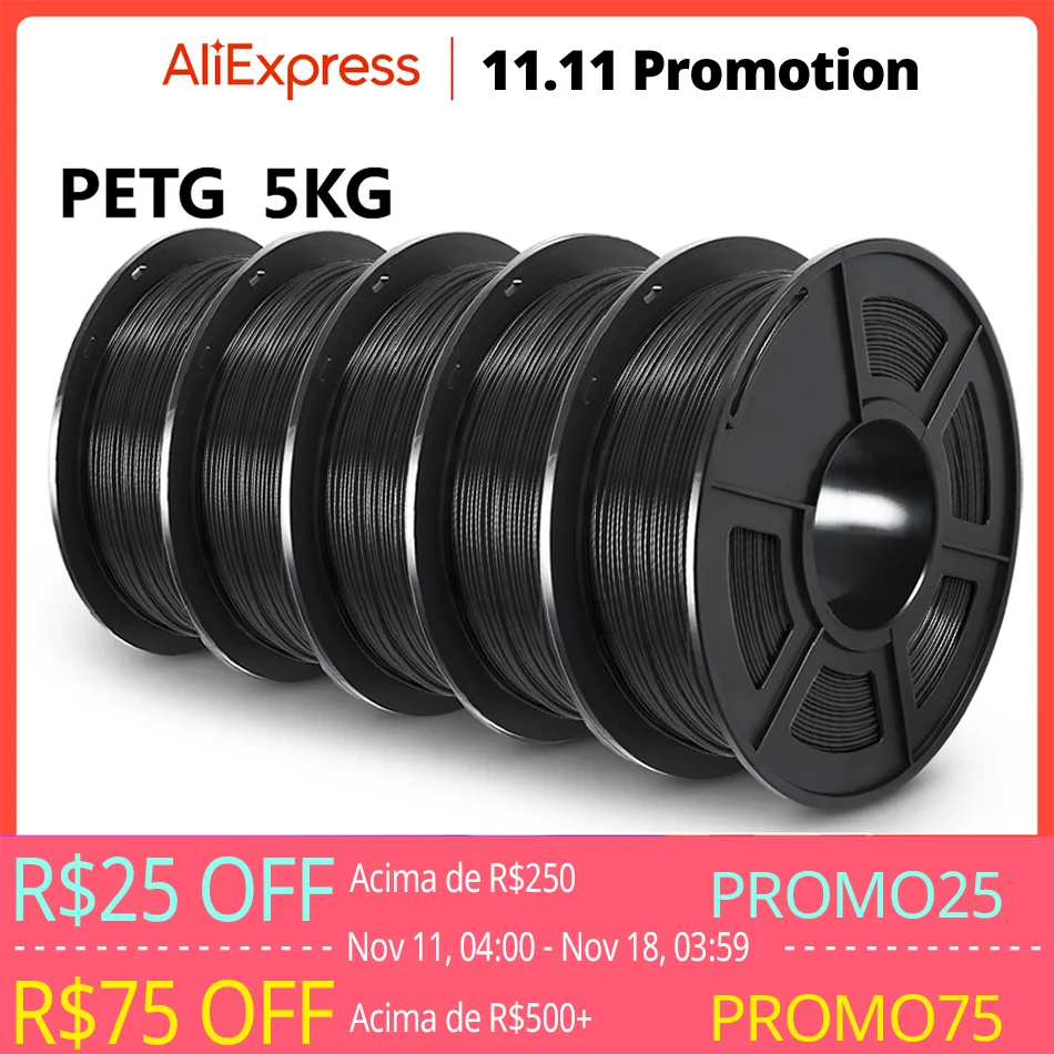 Sunlu petg filamento 3d 1kg 1.75mm 5 rolos organizados ordenadamente entupimento livre sem bolhas inodoro eco-amigável boa dureza