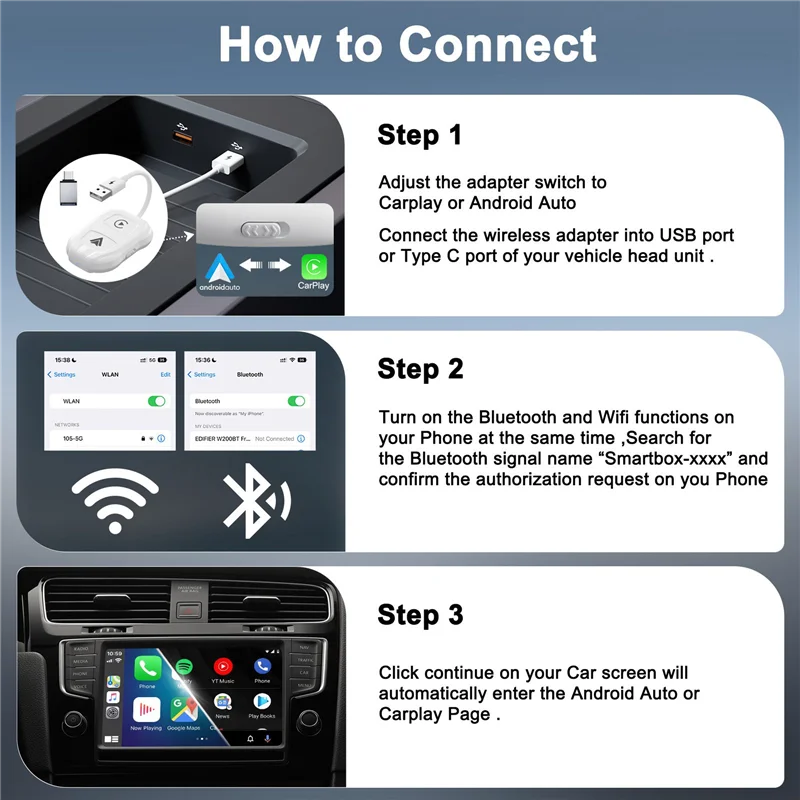 VO-2PCS 2 في 1 Carplay اللاسلكي لنظام Android Auto Wireless Carplay Dongle لـ Carplay وAndroid، سهل الاستخدام