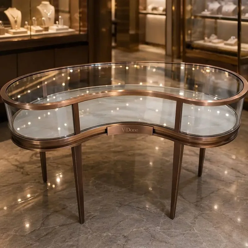 custom.Luxury C Curve Rose Gold Metal Jewellery Island Display Counter Tempered Glass Top Marble Liner Custom