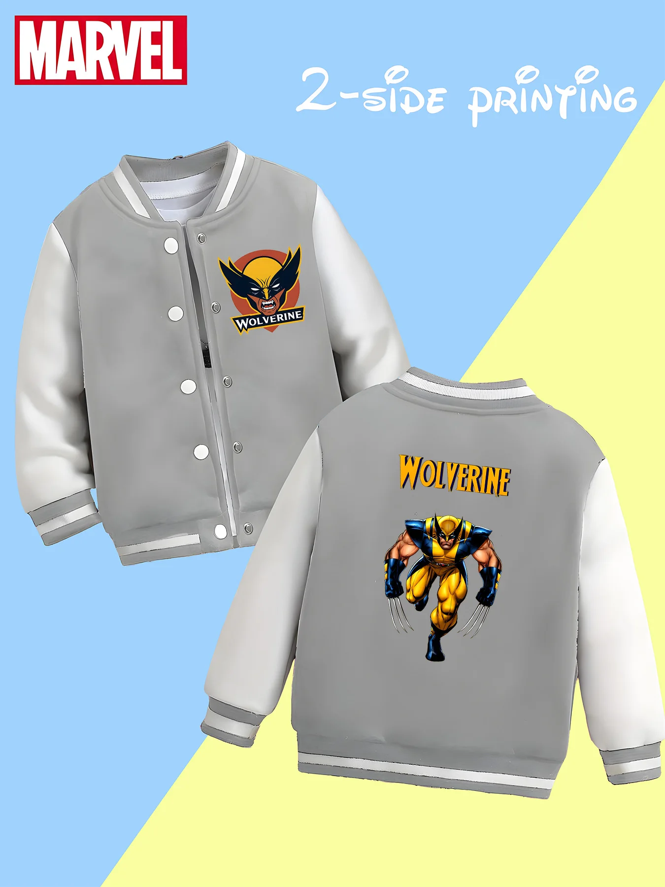 MINISO Marvel Boys Baseball Jacket - Wolverine, classic black and white, soft fabric, warm and comfortable, skin-friendly