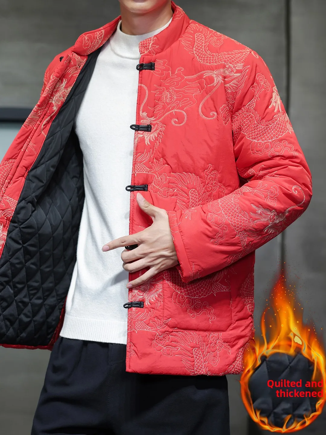 

Thiened Cotton Jaet for Men with Embroidery And Button Design Winter Warm Outerwear Traditional Chinese Sle Loose Fit