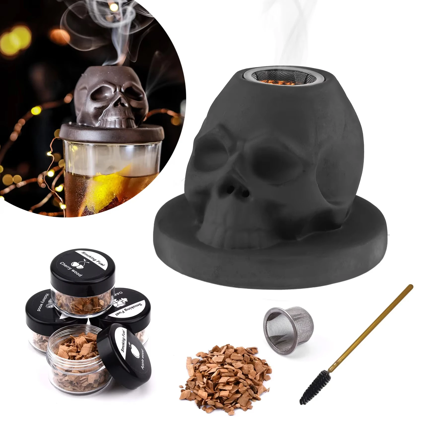 Kit Skull-Shaped Smoke Infuser Ceramics Whiskey Smoker for Drinks Heat-Resistant Easy to Clean Unique Present Kitchen Bar Tool