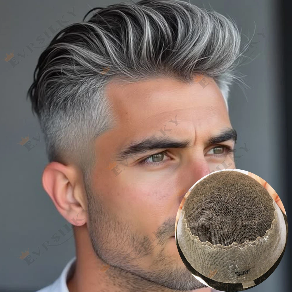 الرجال 1b50 رمادي Q6 الشعر المستعار تنفس شعر طبيعي باروكة من شعر طبيعي ابيض عقدة الدانتيل الفرنسي و رقيقة جدا بولي PU الذكور الشعر الاصطناعية كابيلر #1