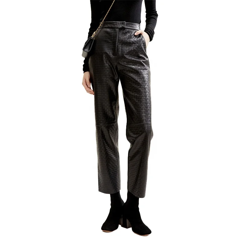

Women Genuine Lamb Leather Pants Wholesale Trousers Crocodile Print Leather Pants