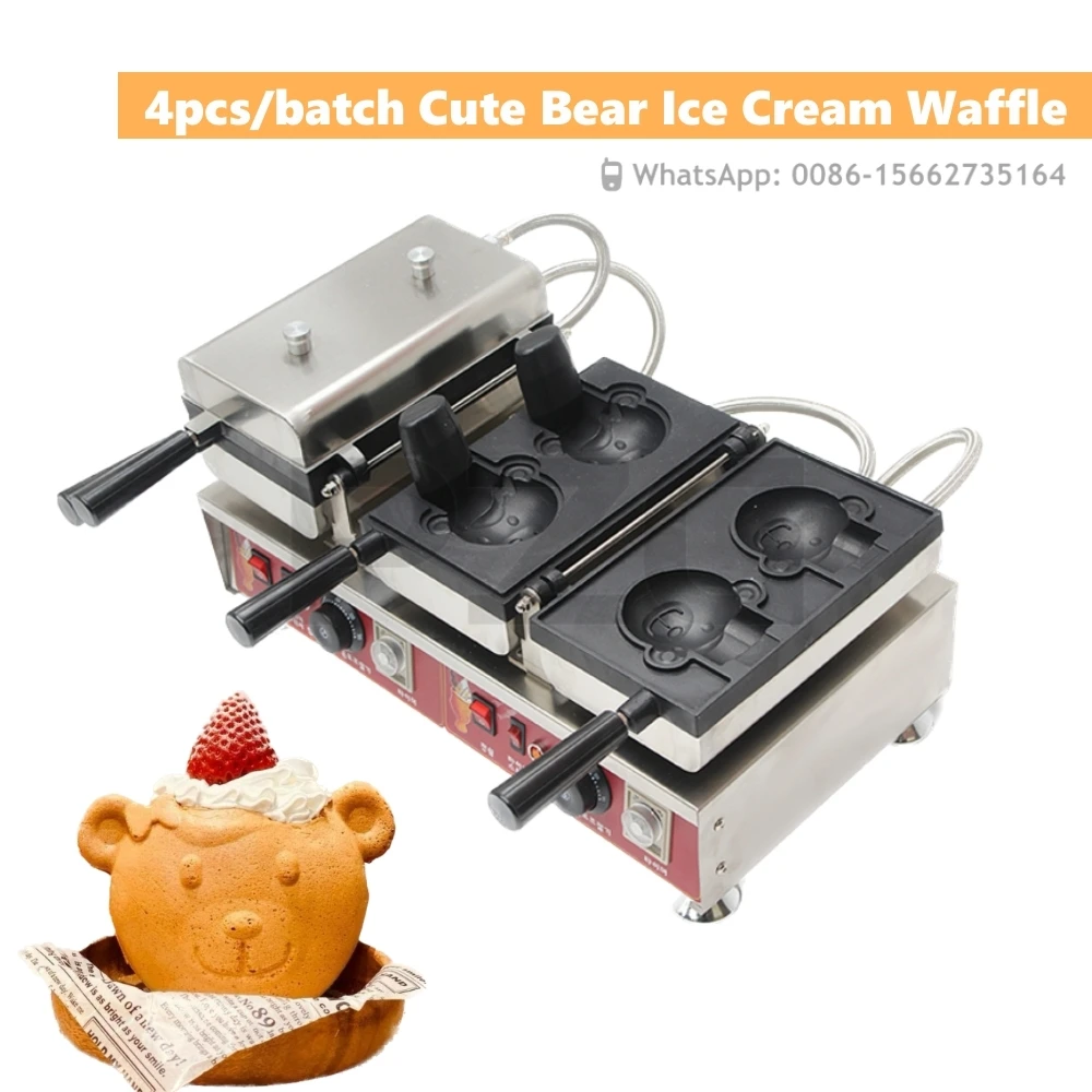 

4 Pcs Electric Waffle Maker Cartoon Animal Bear Shape Taiyaki Machine For Filling Ice Cream Waffle Cone Machine Baking Equipment