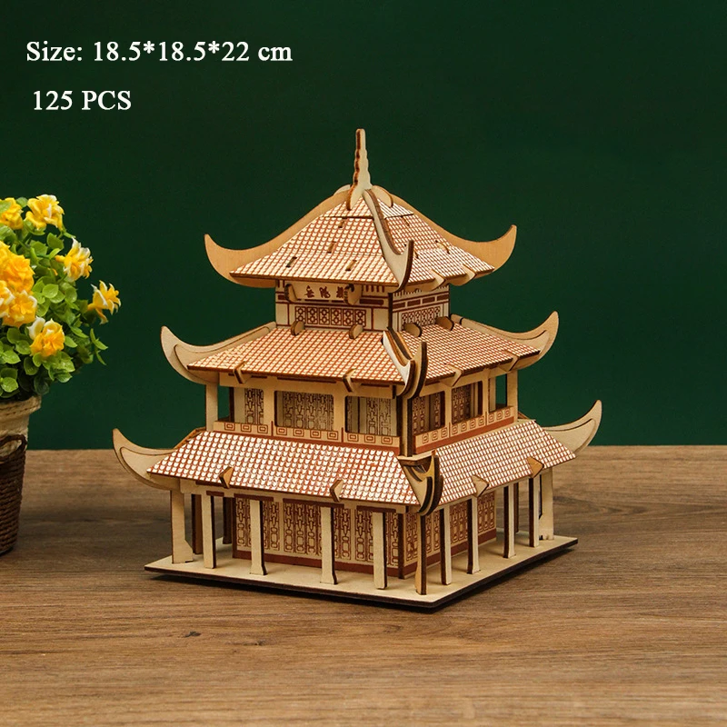 3D Wooden Puzzle Eiffel Tower Beijing Temple Yueyang Tower Model Building Kits Jigsaw Puzzles Educational Toys for Kids Gifts