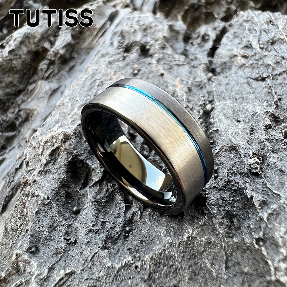 TUTISS-anel de carboneto de tungstênio para homens e mulheres, cor preto e azul, banda de casamento fashion, offset groove, acabamento escovado, 8mm