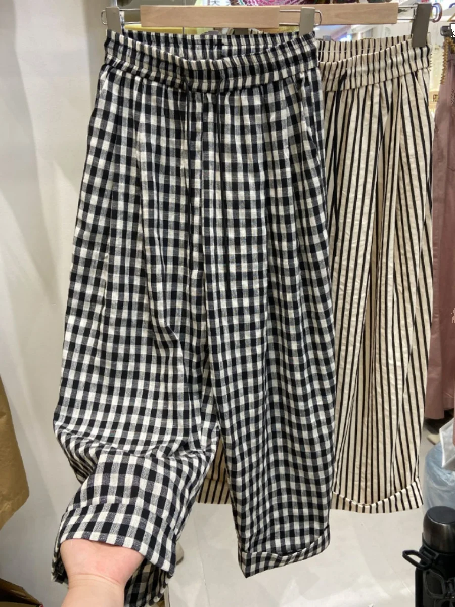 고급 여성용 스트라이프 하란 팬츠 여름 루즈 스트레이트 레그 와이드 레그 팬츠 소형 사이즈 나인 포인트 올드 대드 팬츠