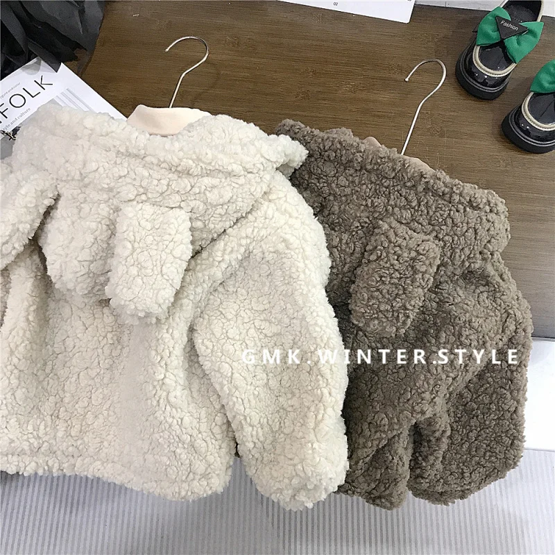 

Boys and Girls Winter Lamb Wool Coat with Hooded 3D Ears Thickened Furry Sweater Zipper Sibling Outfit Coat
