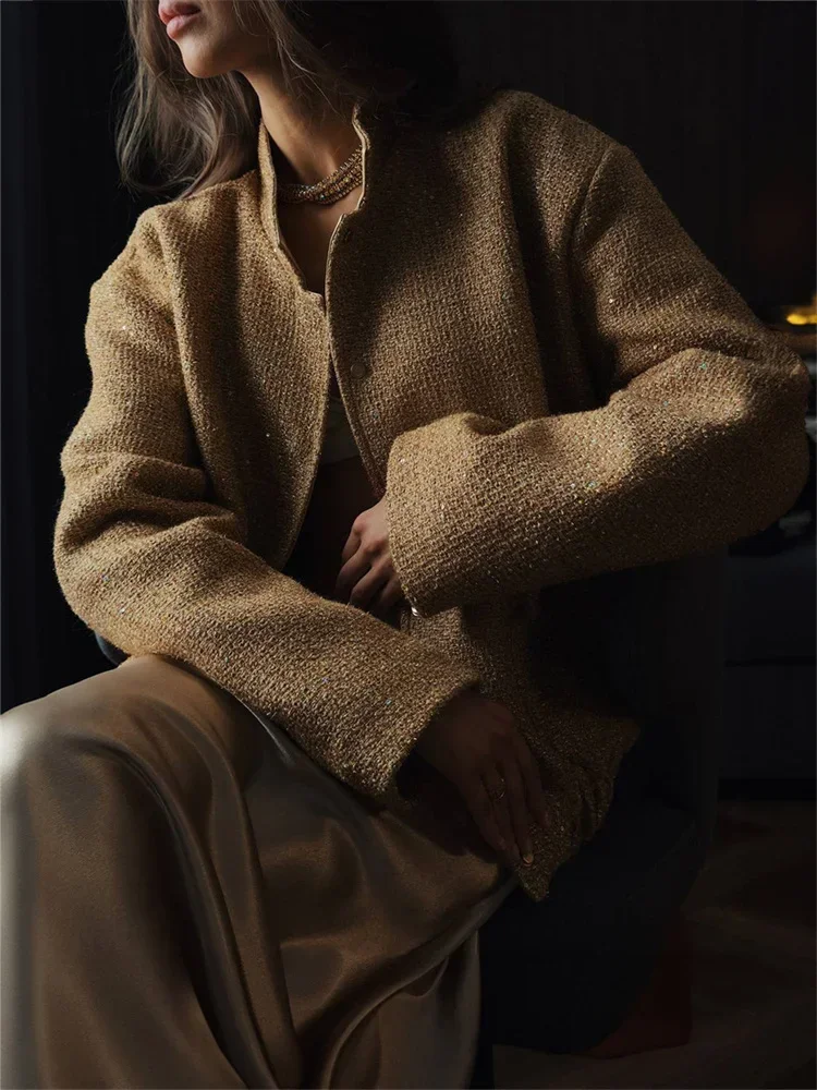 سترة نسائية عصرية بترتر أسود سترة نسائية فضفاضة مرقعة عالية الخصر وأكمام طويلة ملابس خروج معطف نسائي لامع متين جديد