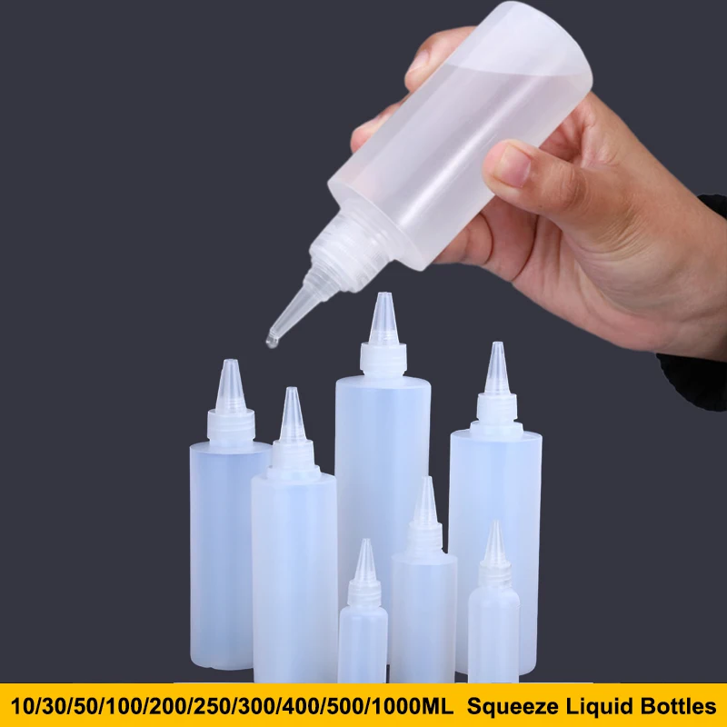 Butelka z tworzywa sztucznego z zakraplaczem, pusta, o pojemności 10-1000 ml, z zakrętką, półprzezroczysta, do płynów do oczu, tuszu, farb olejnych, pigmentów.