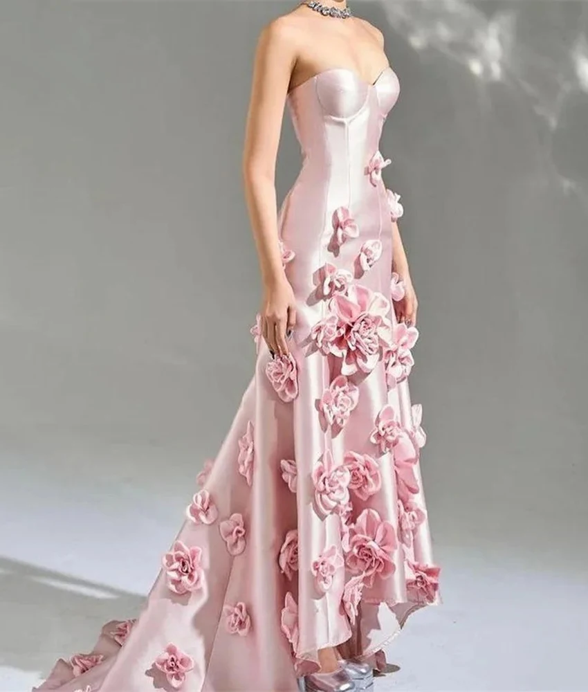 

Customized Graceful Satin Mermaid 3D Flowers Evening Dress High Quality Sweetheart Sleeveless Floor Length Celebrity Gowns