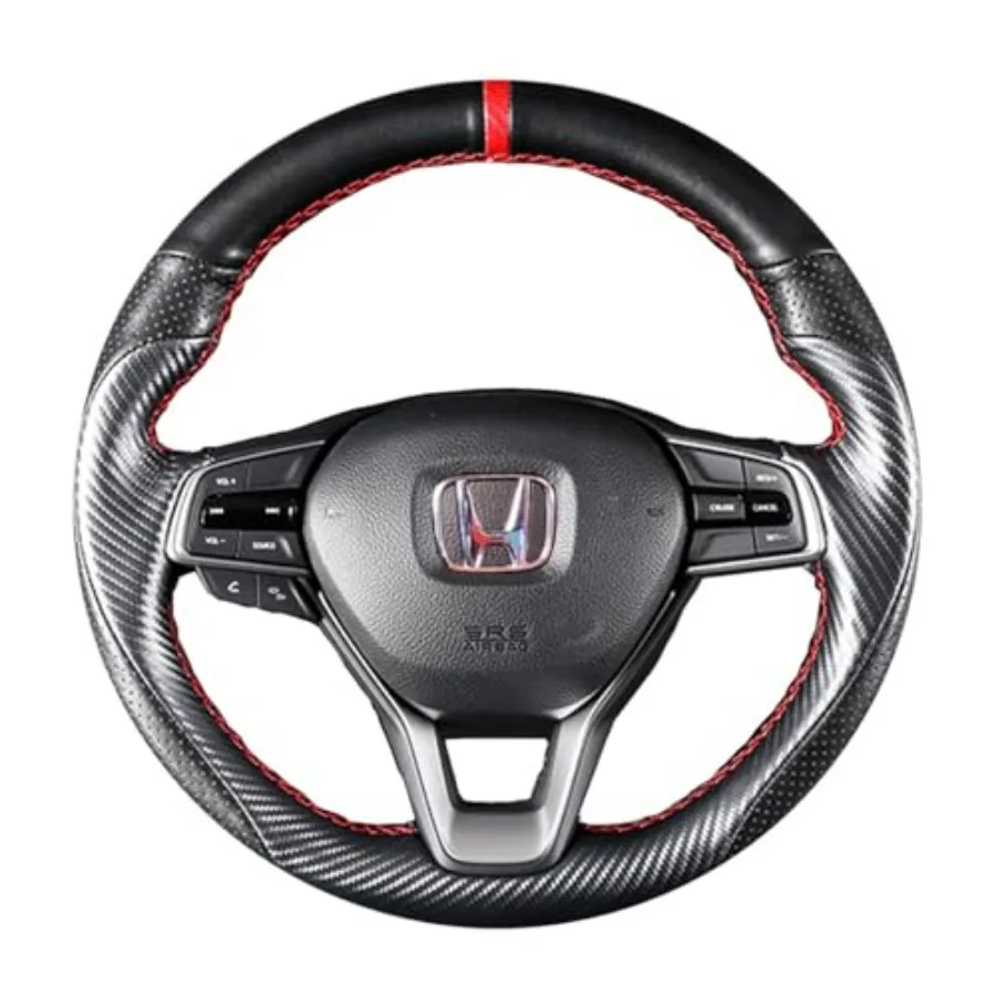 

Matte Black Carbon Fiber and Nappa Perforated Leather Interior Accessories Steering Wheel Cover Hand-Stitch on Wrap Fit for Hon