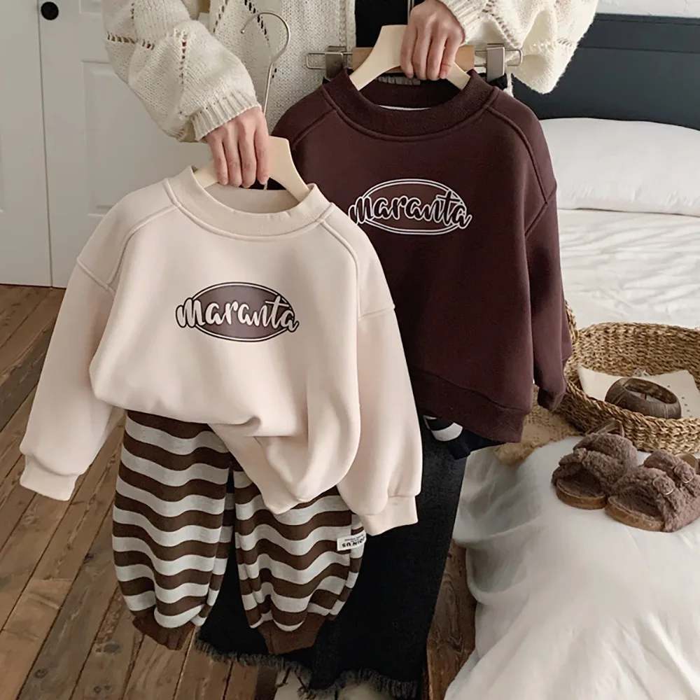 2024 Autumn Winter Boys Velvet Hoodie Retro Color Fleece Letter Printed Warm Kids Baby Boys Pullovers Children Boys Sweatshirts