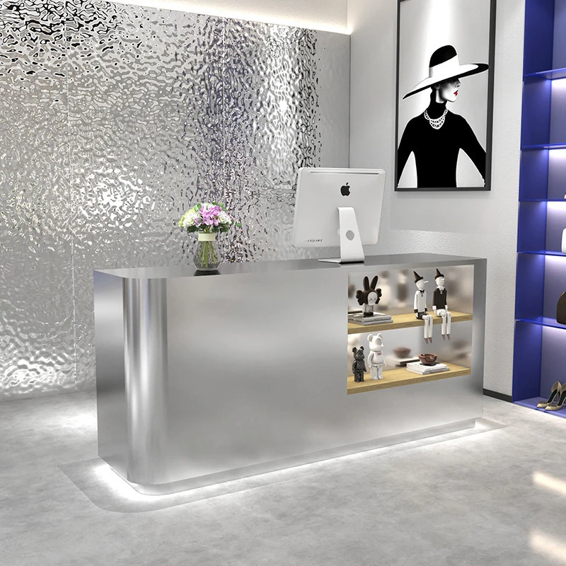 Modern Silver Desk Design Stainless Steel Hotel Reception Desk Gym Cashier Desk And Various Commercial Purposes.