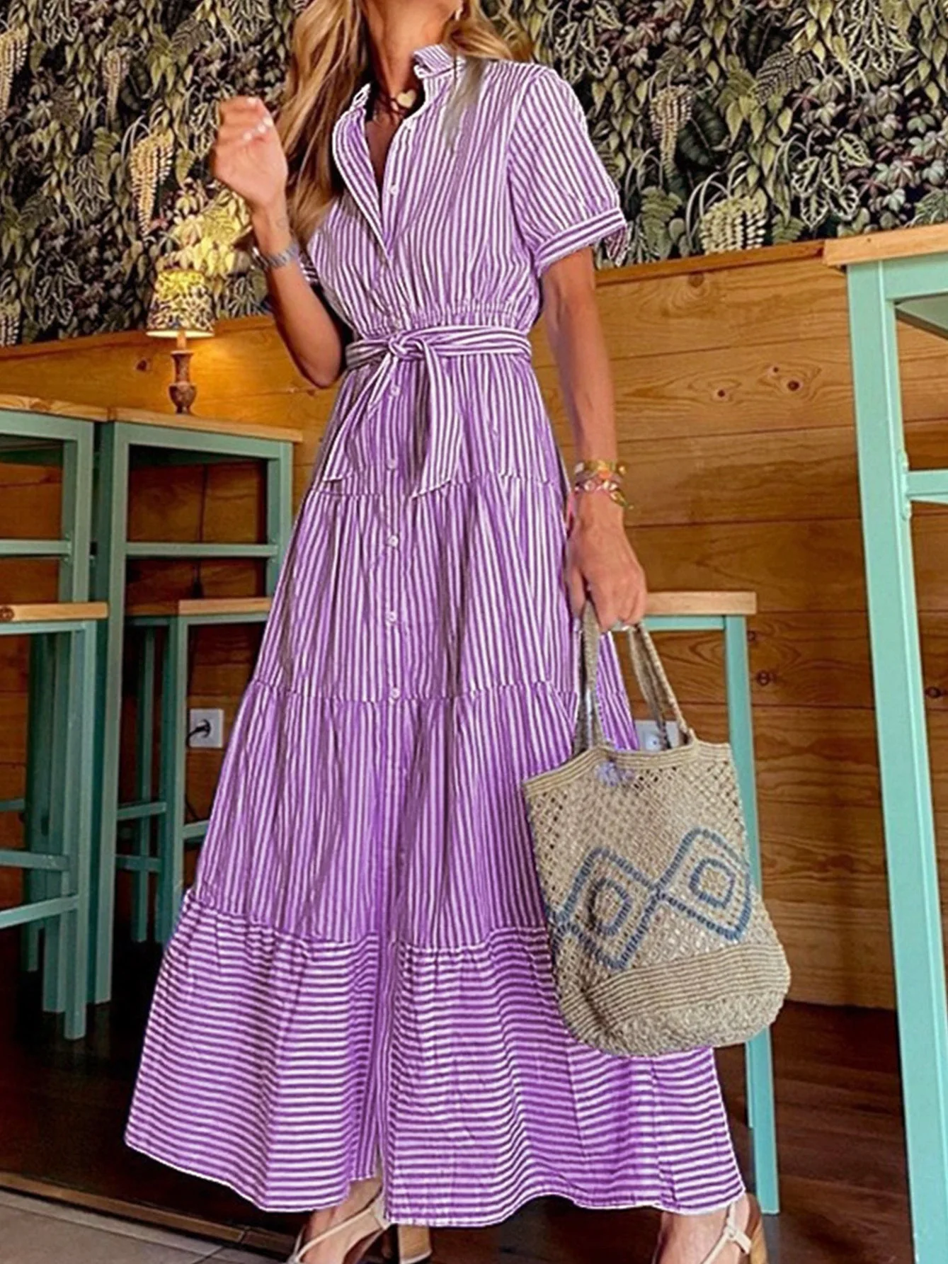 

Spring Summer Women's Dress Loose Casual Retro Elegant Striped Short-sleeved Lapel High Waist Single-breasted Belt Long Dress