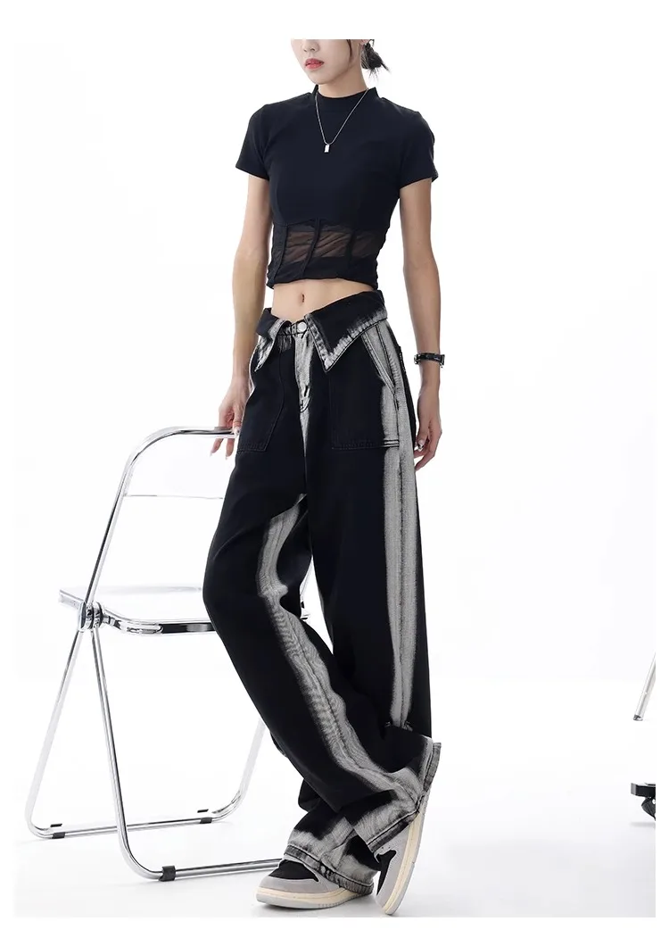 

Vintage Wash High Waist High Street Style Black Straight Jeans Pants American Retro Women's Wide Leg Baggy Y2K Denim Trouser