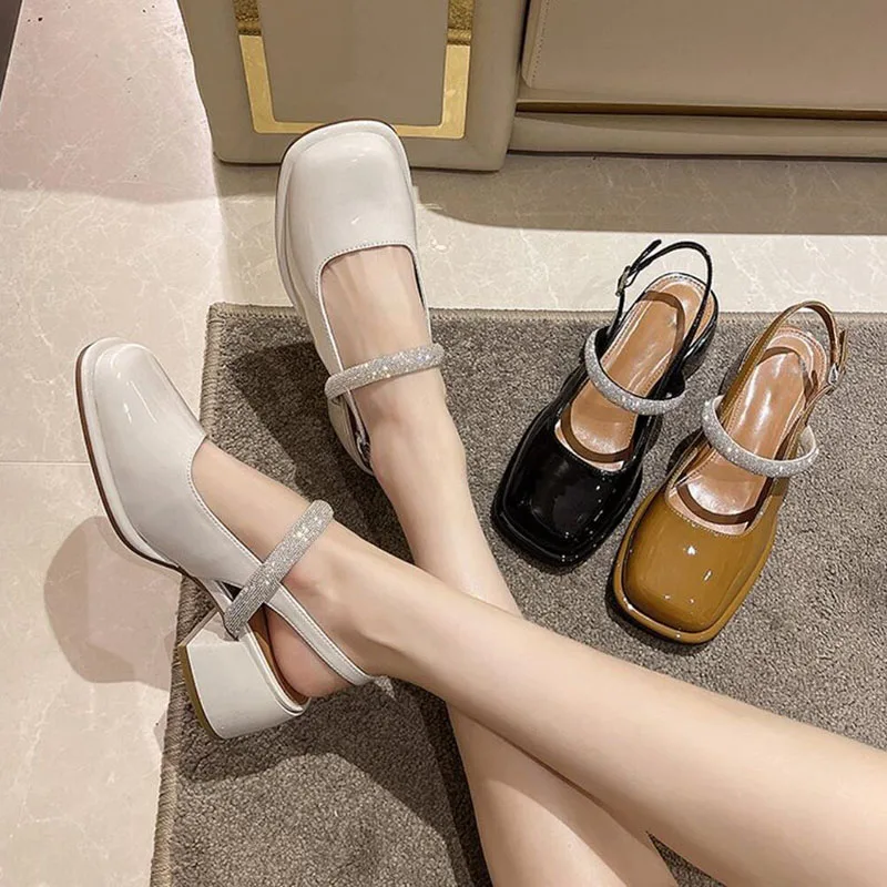 Women\'s French Retro Design Mary Jane Single Shoes Ladies Fashion Square Head Beige Rhinestone Party Sandals Shoes Pumps 2024