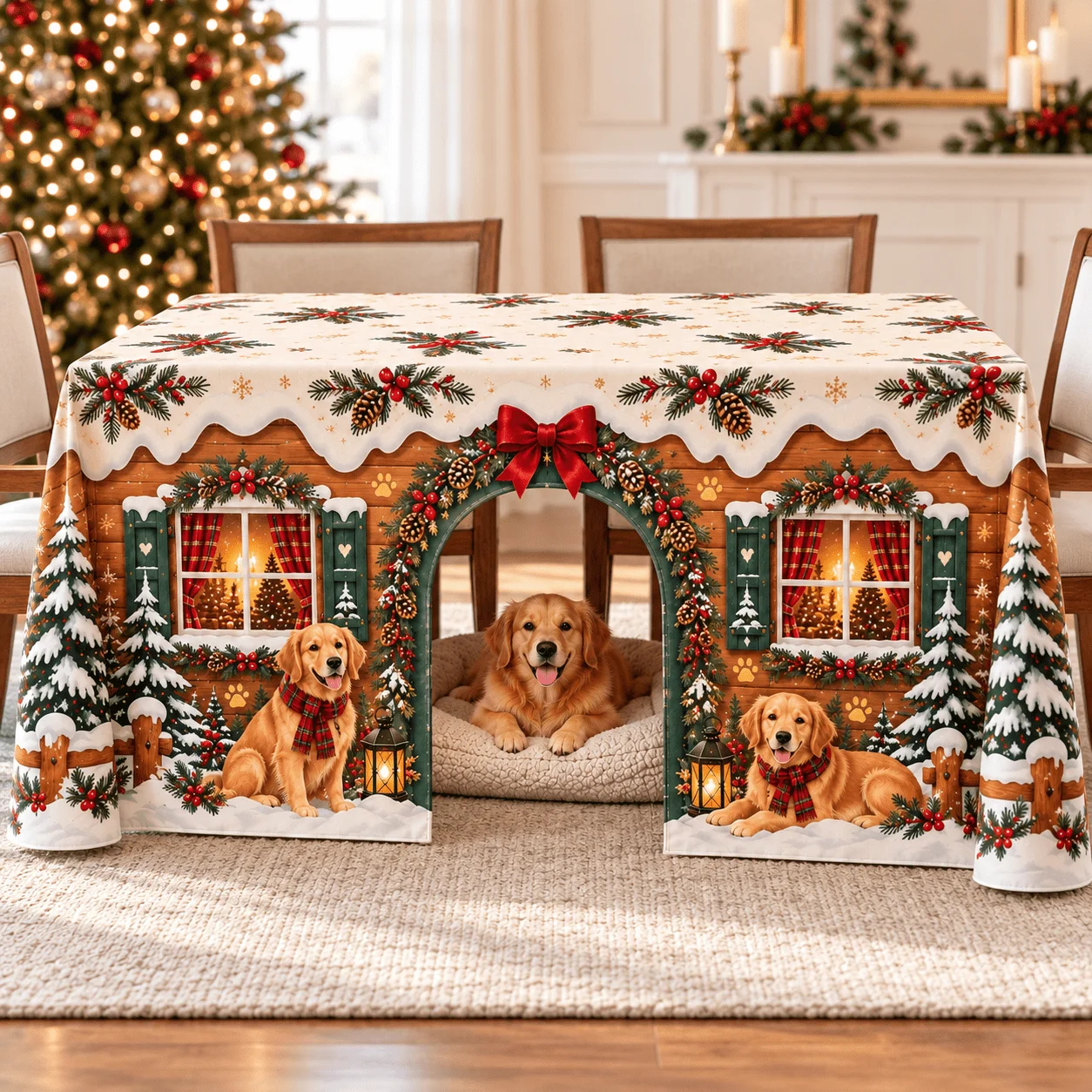 1 dog door tablecloth, the Christmas atmosphere will arrive as soon as you shop! Golden Retriever dog with snow hut pattern