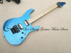 6 string electric guitar, suh guitar metallic blue body, mahogany body and head, colorful shell inlay