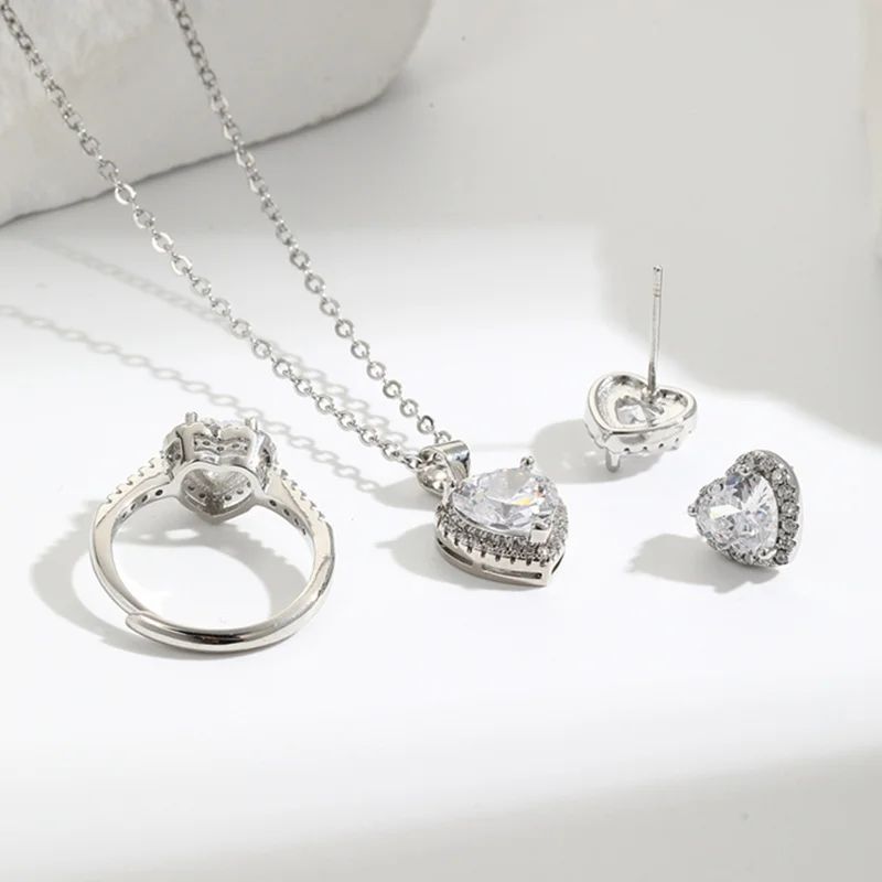 CC Necklace Earring Ring Silver Color Shine White Cubic Zirconia Engagement Wedding Fine Jewelry Fashion Accessories Set