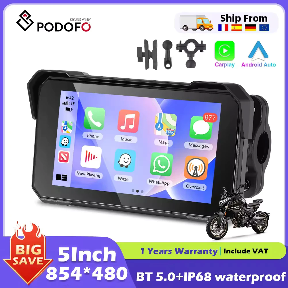 Podofo-Monitor inalámbrico Carplay para motocicleta, pantalla IPS de 5 pulgadas, navegación GPS, Android, reproductor inteligente portátil, resistente al agua IP68