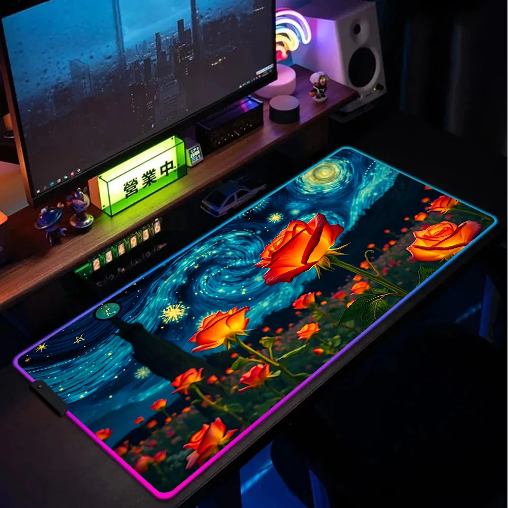 

Van Gogh's Starry Sky Rose Xxl Gaming Mouse Pad Rgb Desk Mat Big Mousepad Back Light Deskmat Cheap Pc Gamer Cabinet Mousepad