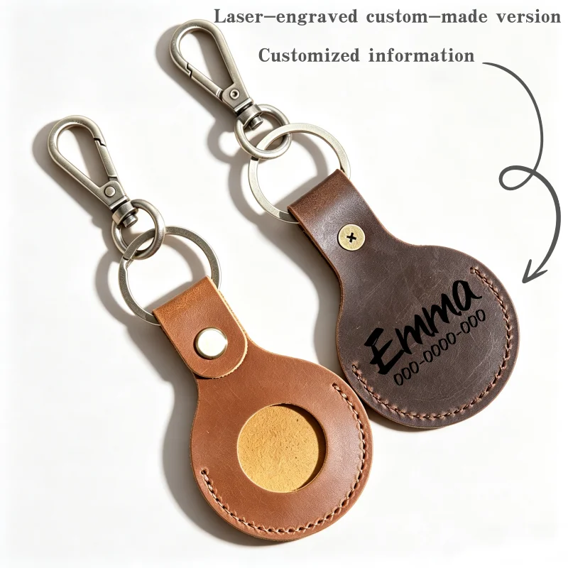 Custom Laser Engraved Crazy Horse Leather Tracker Case, Full Grain Cowhide Tag Cover with Keychain, Christmas Gift for Pets Keys