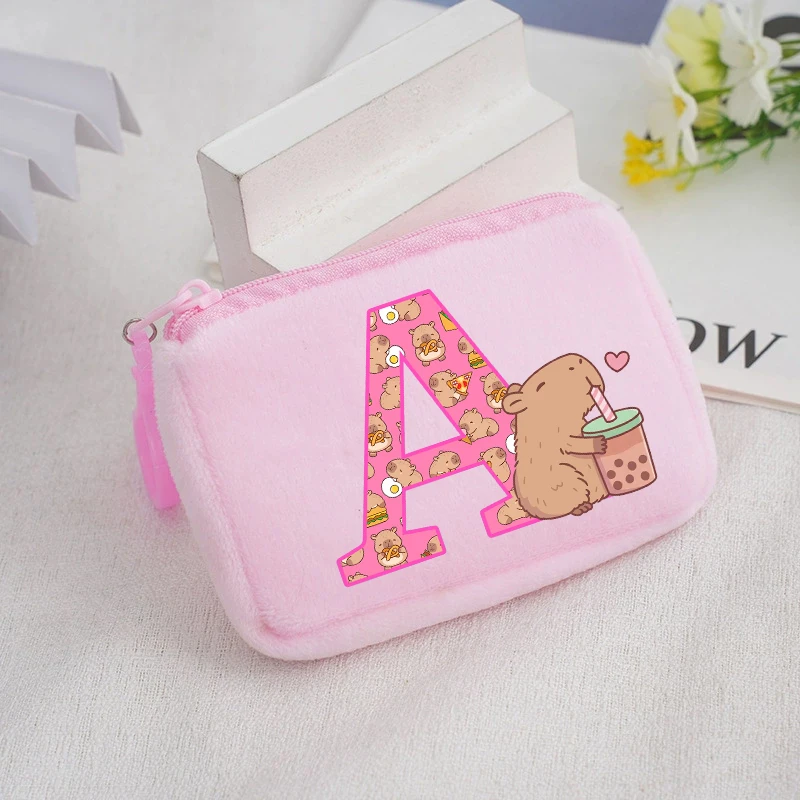 Cute Capybara Plushes Coin Purse Anime Capibara Letter A-Z Wallet Key Ring Kids School Travel Money Bag Backpack Pendant Gift