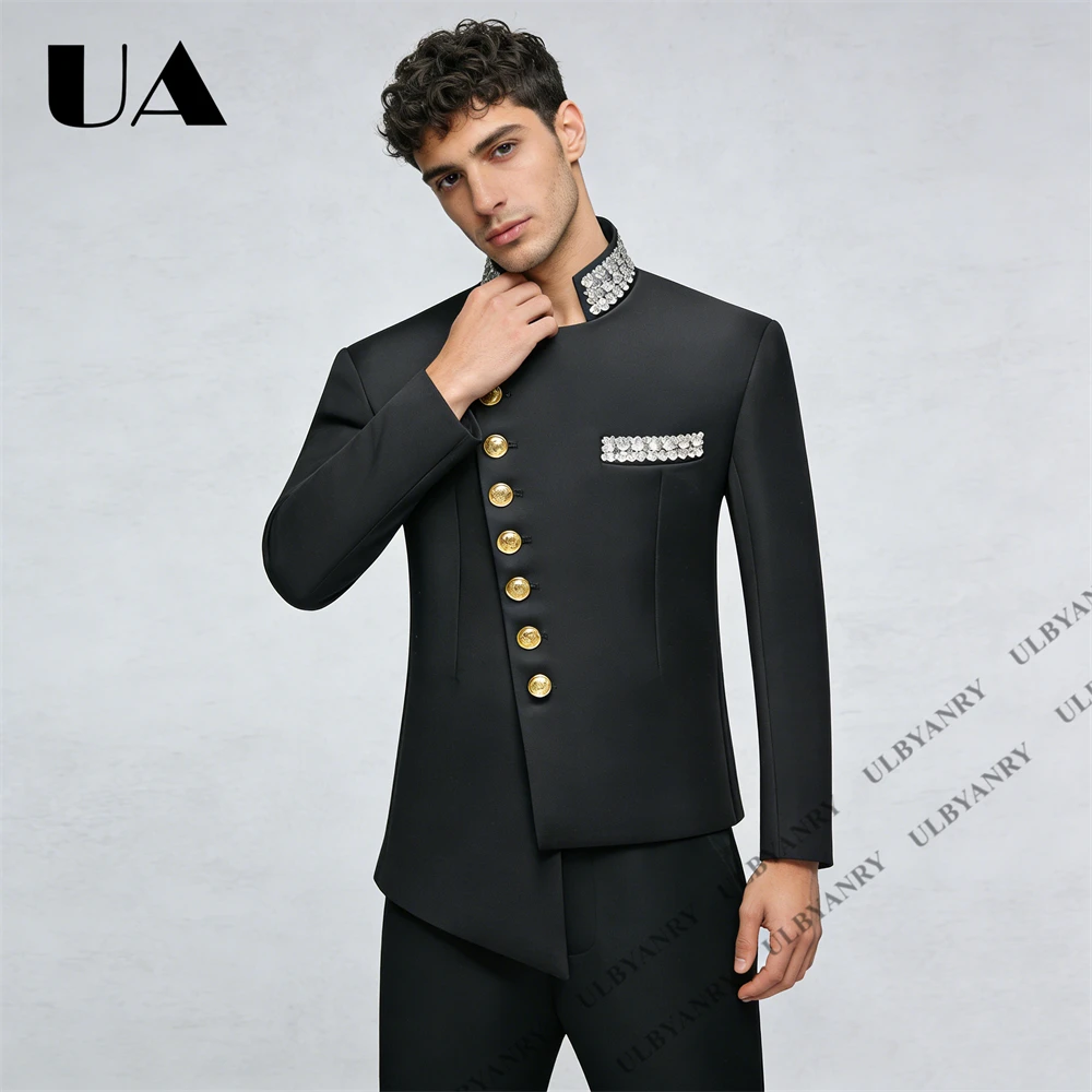Two-Piece Crystals Mens Formal Suit for Wedding, Gala Events, Customized Colos Prom Suit Attire Stand Collar Jacket Pants