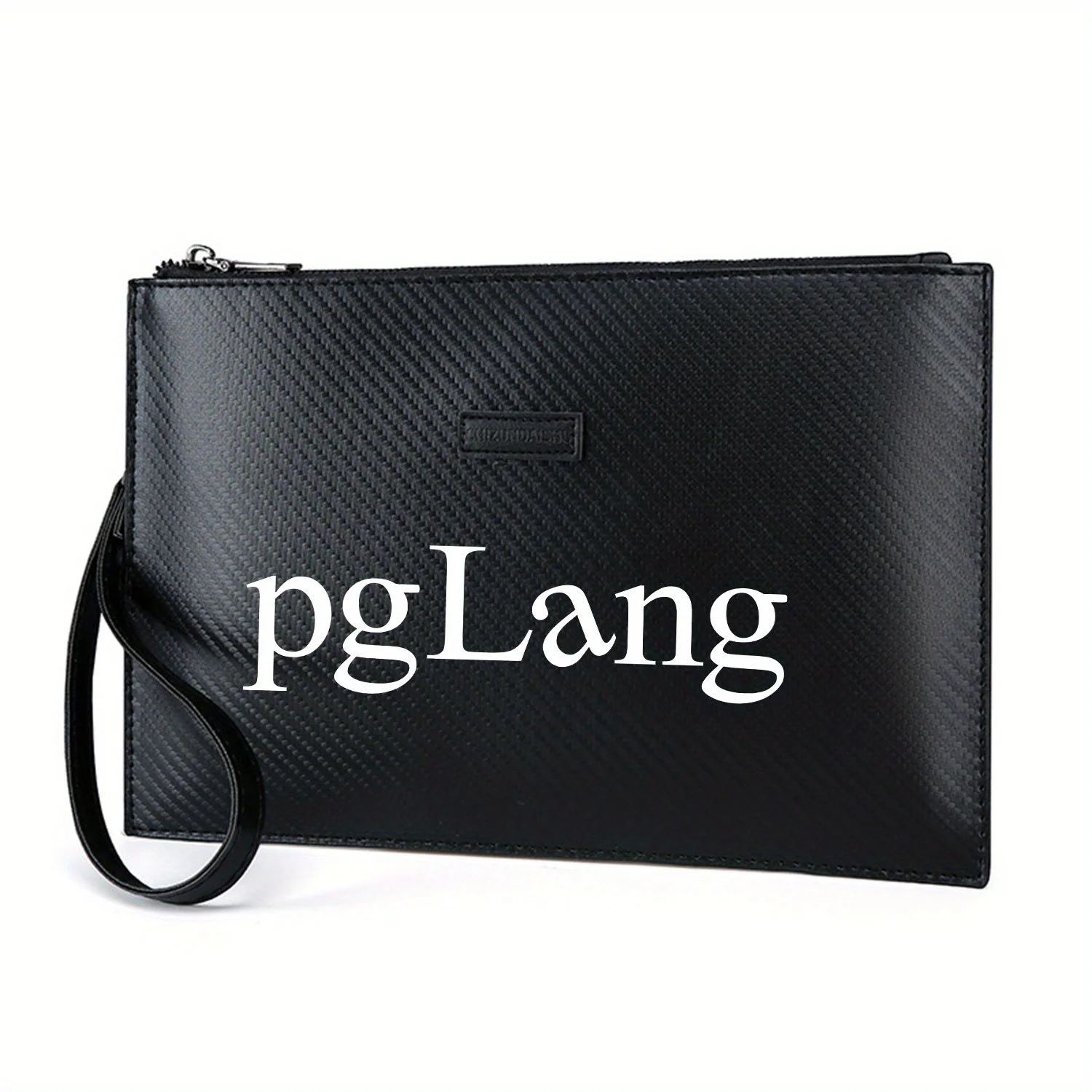 ตัวอักษรสีขาวที่สง่างามบนพื้นหลังสีดำ กระเป๋าถือผู้ชายพียูพิมพ์ลายหรูหรา ทันสมัยและใช้งานได้จริงสำหรับการพกพาในชีวิตประจำวัน