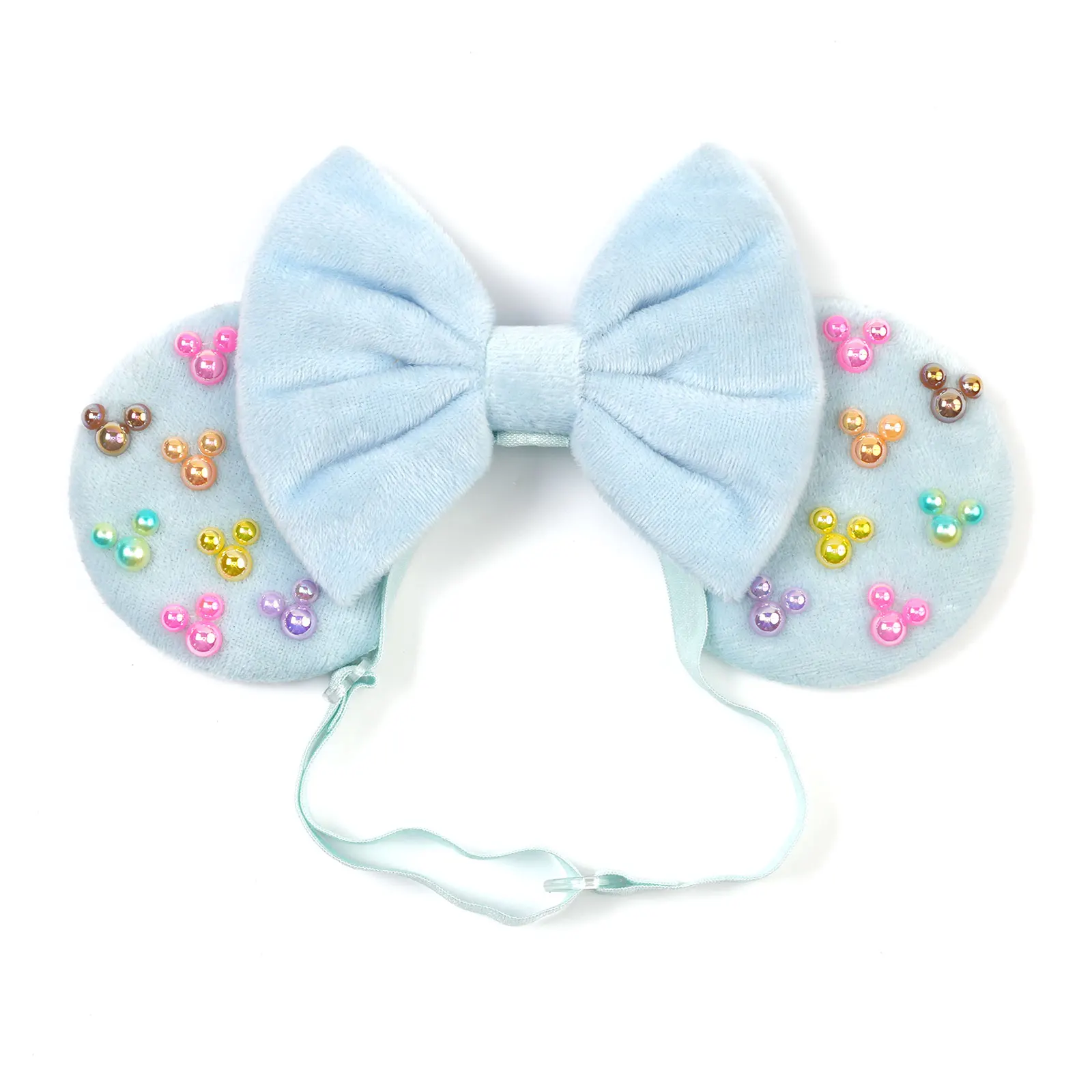 Hellblaue Plüsch-Mausohren Verstellbares Stirnband Bunte Perlen Strass Prinzessinnen-Stil Haaraccessoire für Freizeitparks Partys