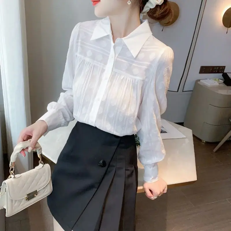 

White French Puff Sleeve Long Shirt for Women Autumn New Style Cleanfit Poly Fabric A-Line Sleeve Thin Non-Shrinkage Short Sl...