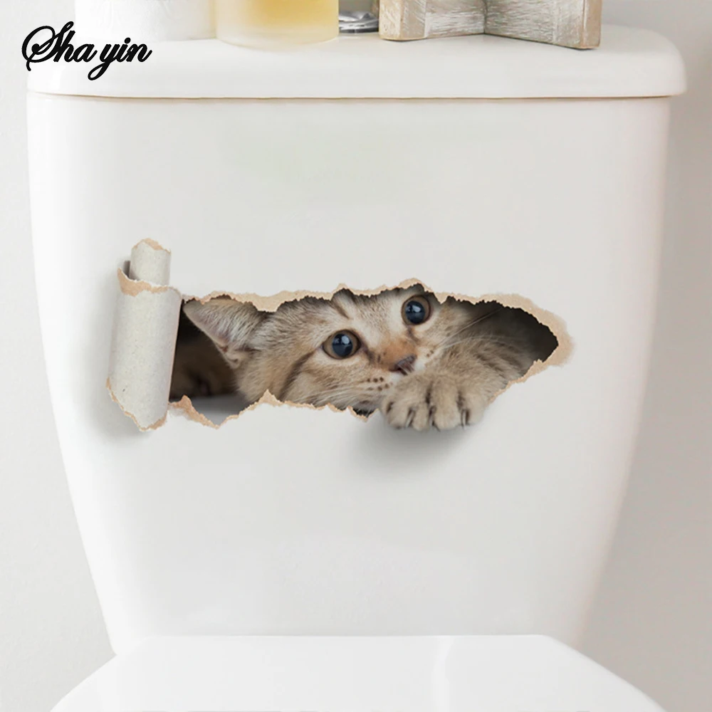 Cartoon Hole Breaking Cat Toilet Sticker, Bathroom Beautification Decoration Toilet Cover Waterproof Sticker